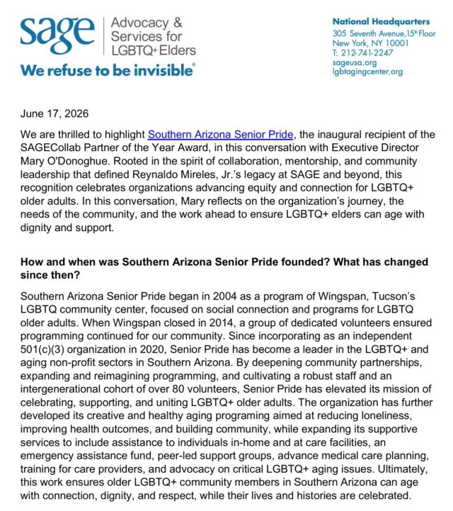 a screenshot of the PDF q&a article with Southern Arizona Senior Pride